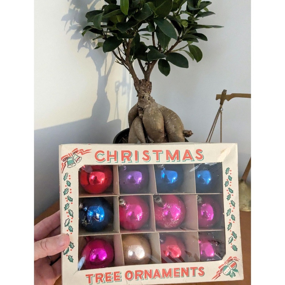Vintage Christmas Ornaments Set of 12 |Mercury Glass Baubles Pink Blue Red Gold